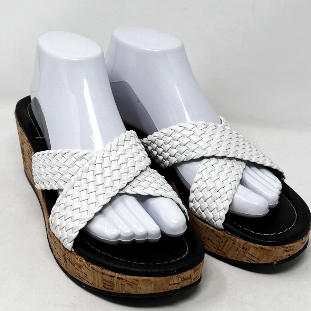 Donald J Pliner White Woven Criss Cross Cork Wedge Sandals Slide Size 9? READ